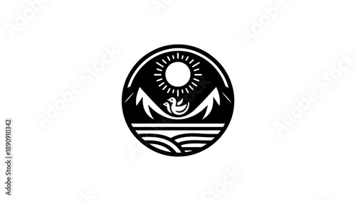 natal icon logo vector in black and white, Minimalist Black and White Circular Mountainous Landscape, Sun Setting Over a Serene Lake, Geometric . Free Vector, Black and white circular mountains, sun, 