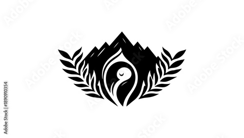 natal icon logo vector in black and white, Minimalist Black and White Circular Mountainous Landscape, Sun Setting Over a Serene Lake, Geometric . Free Vector, Black and white circular mountains, sun, 