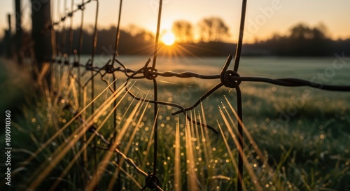 Sunrise Over Dewy Grassy Field With Barbed Wire Fence In Foreground