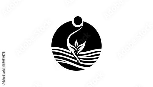 natal icon logo vector in black and white, Minimalist Black and White Circular Mountainous Landscape, Sun Setting Over a Serene Lake, Geometric . Free Vector, Black and white circular mountains, sun, 