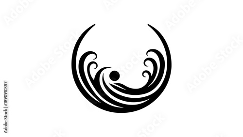 natal icon logo vector in black and white, Minimalist Black and White Circular Mountainous Landscape, Sun Setting Over a Serene Lake, Geometric . Free Vector, Black and white circular mountains, sun, 
