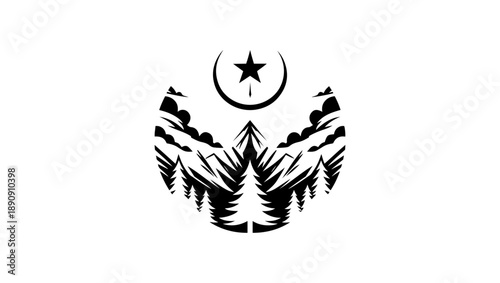 natal icon logo vector in black and white, Minimalist Black and White Circular Mountainous Landscape, Sun Setting Over a Serene Lake, Geometric . Free Vector, Black and white circular mountains, sun, 