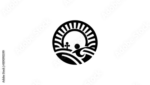 natal icon logo vector in black and white, Minimalist Black and White Circular Mountainous Landscape, Sun Setting Over a Serene Lake, Geometric . Free Vector, Black and white circular mountains, sun, 