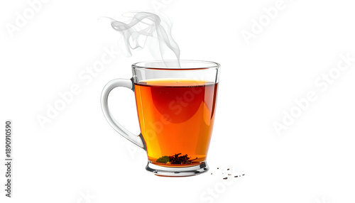 A transparent mug filled with tea; a white tea bag flower floats above