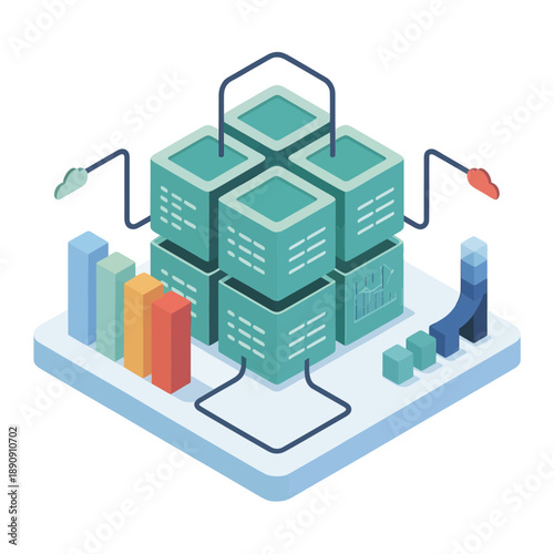 Data pipeline and storage platform with cubes and nodes, API integration, ETL process, isometric cloud database vector illustration design