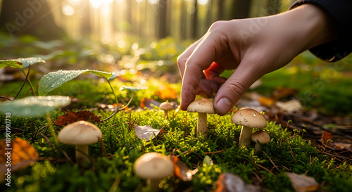 hand picking mushrooms, autumn leaves in hand, Hand Gently Foraging Wild Mushroom in Dappled Sunlight, Enchanting Forest Scene, Nature Discovery, Sustainable Outdoor Adventure, Moss and Autumn Leaves.