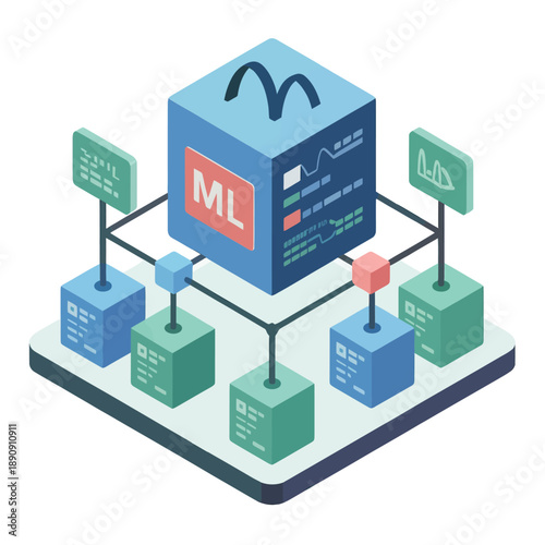 Machine learning platform diagram with connected modules, training dataset, algorithm tuning, predictive analytics blocks, isometric technology vector illustration design