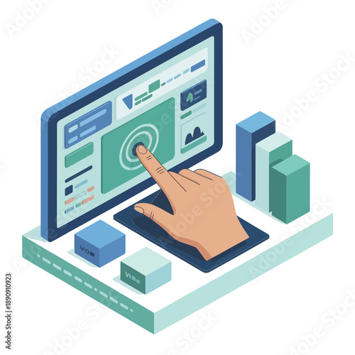 Touchscreen analytics screen with finger tap, digital marketing dashboard, charts and graphs, user interface, isometric vector technology illustration design