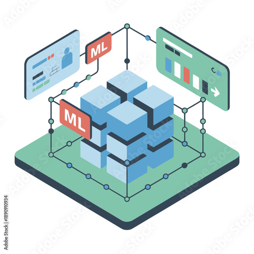 Machine learning training blocks with ml badges, model building platform, neural network nodes, analytics dashboard, isometric data science vector illustration