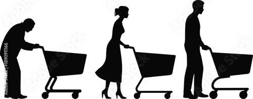 People shopping pushing cart silhouette vector set with supermarket customers in different poses, retail lifestyle consumer behavior icons isolated background