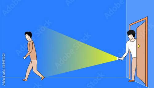 Man is walking away from a door. The man is holding the flashlight in his right hand and the light is shining on the door