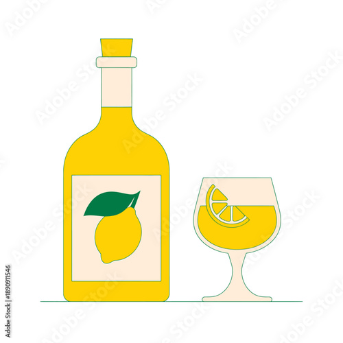 Lemonade bottle and glass with slice on a table