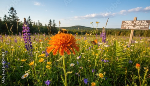 Vibrant Wildflower Meadow With Bumblebee On Orange Bloom Under Golden Hour Sunlight