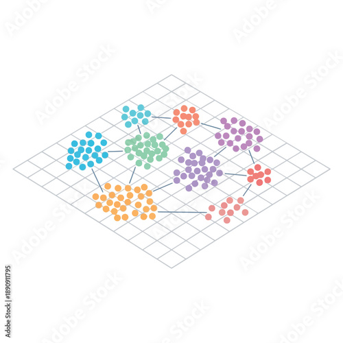 Data science clustering visualization on grid, analytics conference poster, k means groups, color clusters, machine learning workshop session graphic element