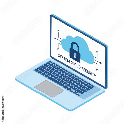 System cloud security webinar poster, laptop with lock emblem, remote access safety session, endpoint protection workshop, authentication practices vector graphic