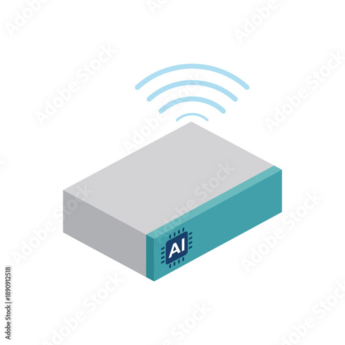 AI edge computing gateway, modem device with signal waves, internet of things conference icon, networking session, smart home vector