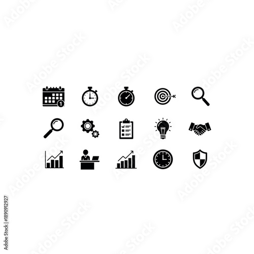 Business icons and symbols for productivity and management on a white background