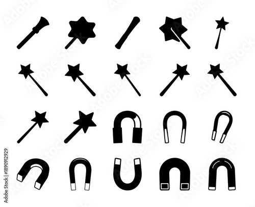 Diverse collection of magic wands and classic horseshoe magnets.