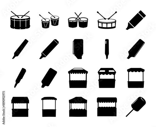 Black silhouette icons of marching drums, markers, and market stalls.