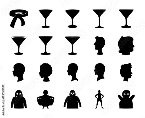 Silhouettes of martial arts belt, martini glasses, and masked figures.