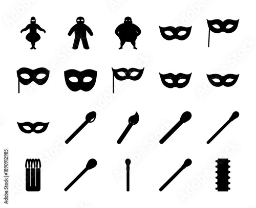 Silhouettes of masked figures, carnival masks, and matchsticks.