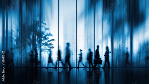 Wallpaper Mural Blurred figures of people walking in a modern, blue-toned hallway Torontodigital.ca