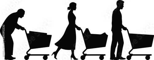 People shopping pushing cart silhouette vector set with supermarket customers, retail lifestyle consumer behavior icons isolated on white background