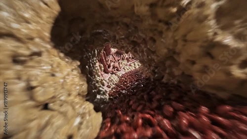 Sweeping macro shot tracking through a network of major blood vessels where calcified deposits are slowly choking off key circulatory pathways internal organs, narrowing, blood flow