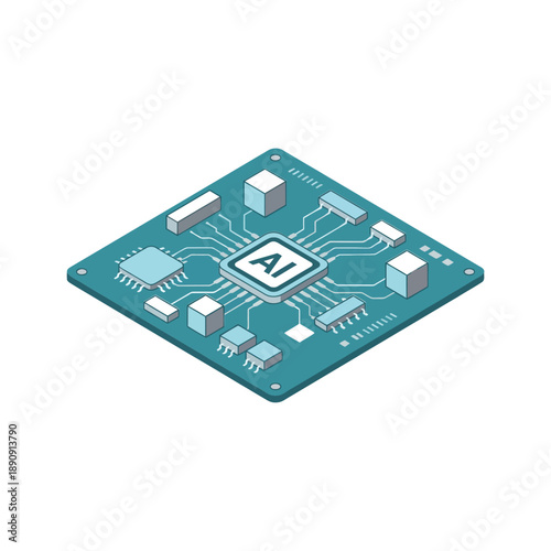 Small AI circuit board, IoT device module icon, developer meetup badge, firmware session, prototyping workshop, electronics engineering event vector