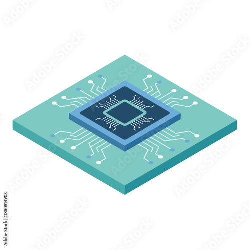 Tech summit processor icon, thin microchip plate, circuitry glow, keynote slide graphic, engineering workshop session, isometric ai hardware vector
