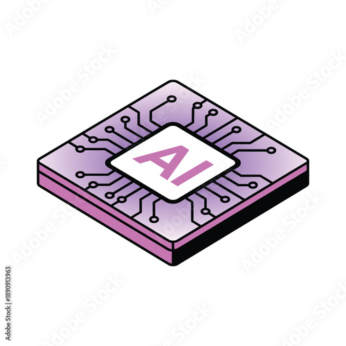 AI microchip vector illustration for startup demo day poster, deep learning processor graphic for summer hackathon, webinar cover, slide deck.
