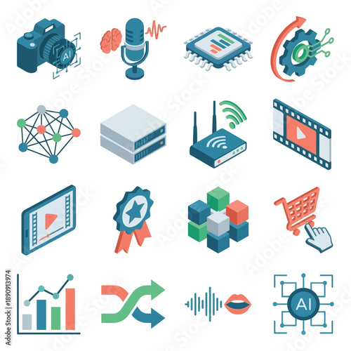 Big data and AI technology icon collection, isometric vector with charts, devices, robotics, cloud services, for innovation fair posters, programs.