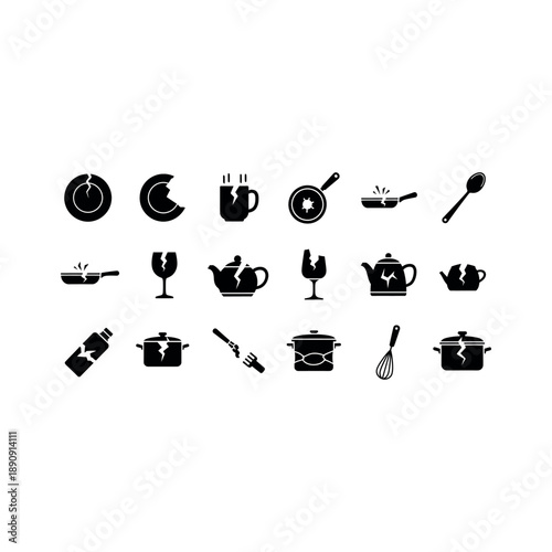 Black and white icons of kitchen utensils and dishes on a plain background for cooking.