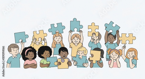 Diverse group of happy children holding puzzle pieces together teamwork unity concept