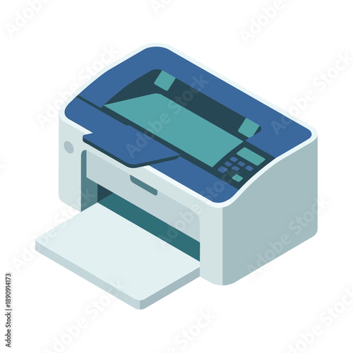 Multifunction printer isometric vector, copy scan print device for classroom worksheets, library service, student projects, education season, learning resources.