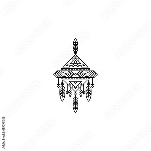 Intricate feather dreamcatcher illustration with geometric patterns and hanging ornaments on white background