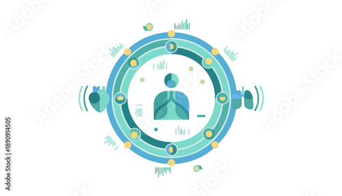Abstract illustration of a human figure at the center of a circular data visualization or interconnected system, representing personal well-being or a holistic process.