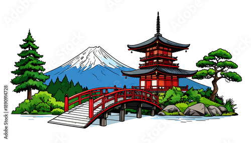 Red pagoda by a bridge, Fuji mountain backdrop, pine tree, and rocks in Japanese style illustration