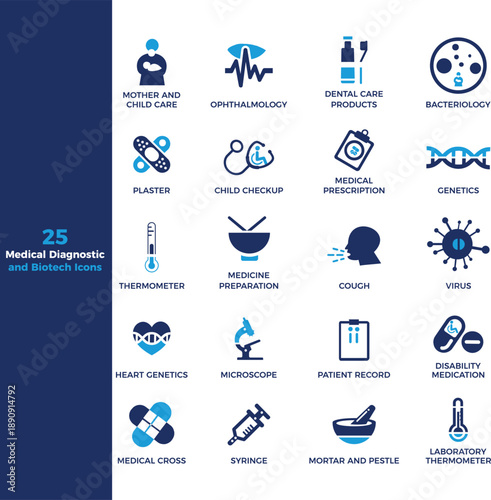 Professional Medical Diagnostic and Biotech Icons, Clinical Care Vector Graphics