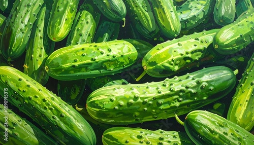 Pile of many green, textured cucumbers, close-up. Refreshing, healthy, and natural. Appetizing food