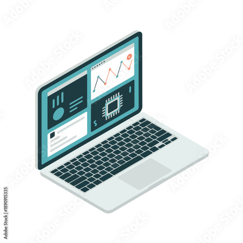 Open laptop isometric vector with analytics dashboard for business report presentation, finance webinar, marketing performance review, corporate strategy meeting design