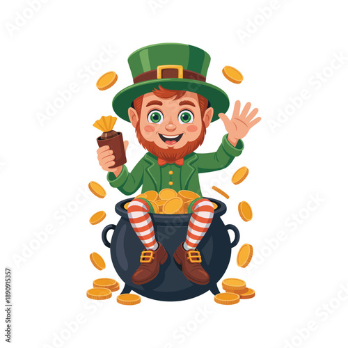 Cute leprechaun with gold coins vector for St Patricks Day event poster, spring carnival invitation, Irish folklore party celebration artwork.