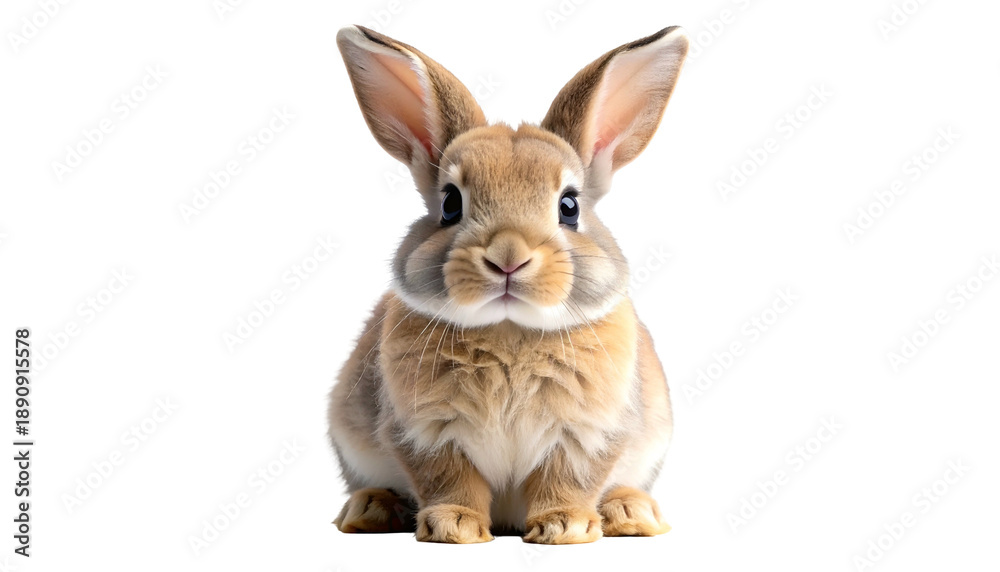 Fototapeta premium Adorable front-facing bunny rabbit with fluffy brown fur and large attentive ears on black background