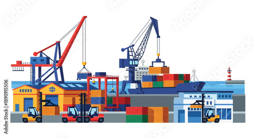 A colorful illustration depicting a busy port with cranes and cargo ships