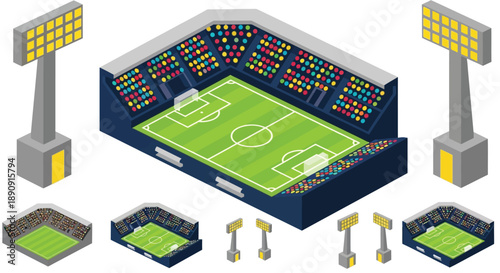 Isometric illustration of a soccer stadium with bright floodlights and seating