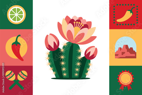 Southwest panel illustration with peppers, flowering cactus and sun emblem, vector design for stage backdrops, festival signage, event programs.