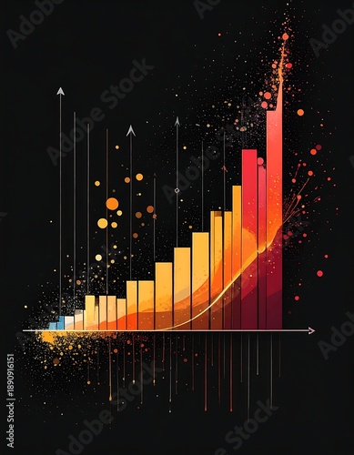 Abstract fiery bar graph shows an upward trend with lines, arrows and dot scatter against a black background