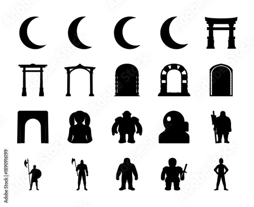 A diverse collection of crescent moons, traditional Japanese Torii gates, archways, and various fantasy warrior and golem figures in bold black silhouettes.