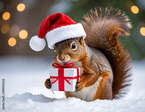 Wallpaper Mural Squirrel wearing Santa hat holding gift in snowy scene. Festive & cute! Torontodigital.ca