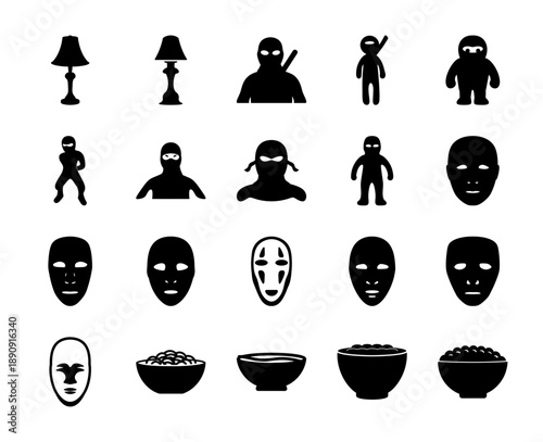 Vector icons featuring various ninja characters, traditional masks, and bowls, representing culture, mystery, and food.